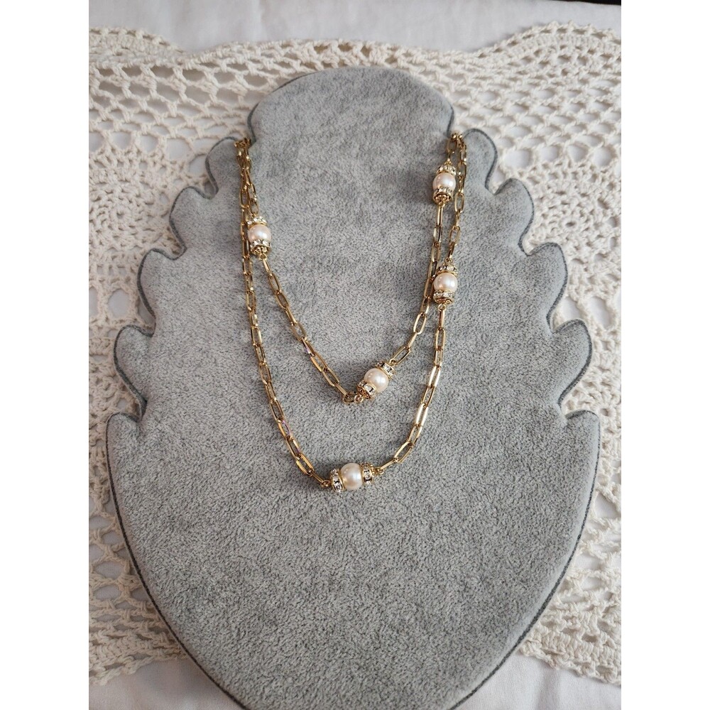 Jewels by Park Lane Faux Pearl & Rhinestone on Goldtone Cable Chain Necklace